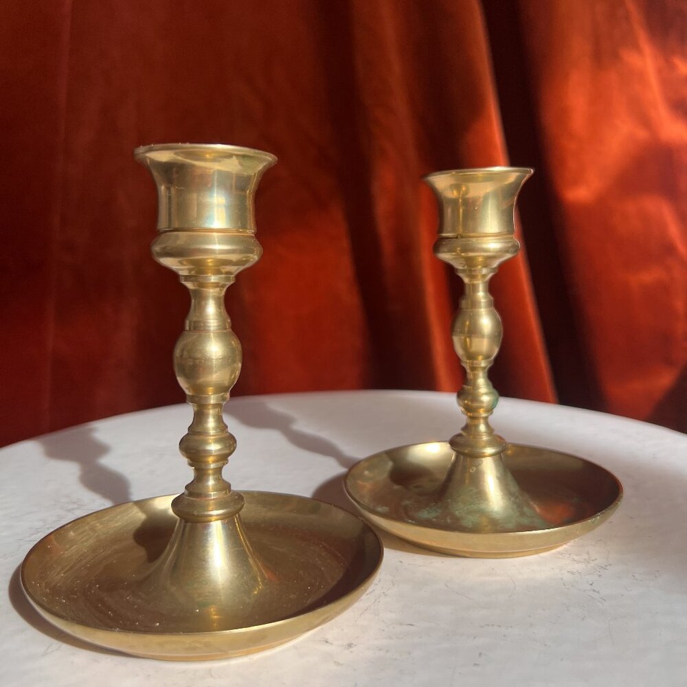 Vintage Gold Brass Saucer Candlestick Holders - Set of 2 - Candles included